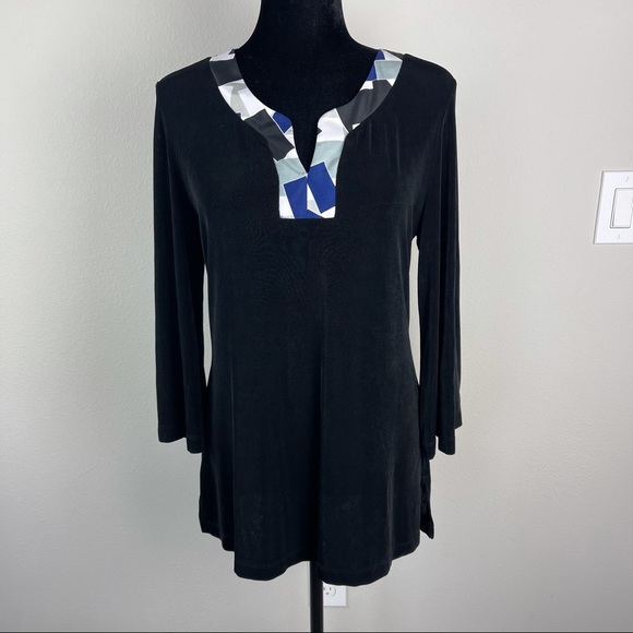 CHICO'S Travelers Size 1 M Black Stretch Knit Tunic Top Contrast Collar Blouse - Picture 2 of 10